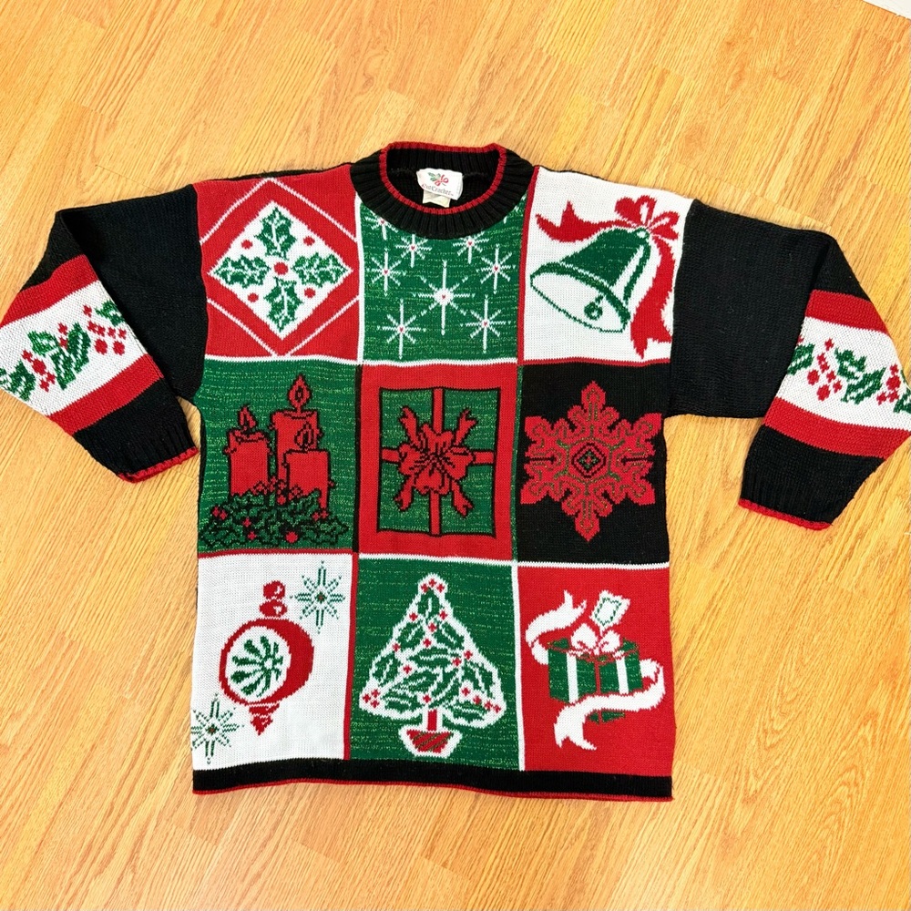 VINTAGE 80s Nutcracker Sparkly Holiday Busy Blocks Ugly Christmas Sweater Size S